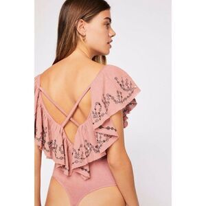 NEW FREE PEOPLE Sz S RUFFLE EMBROIDERED BODYSUIT
